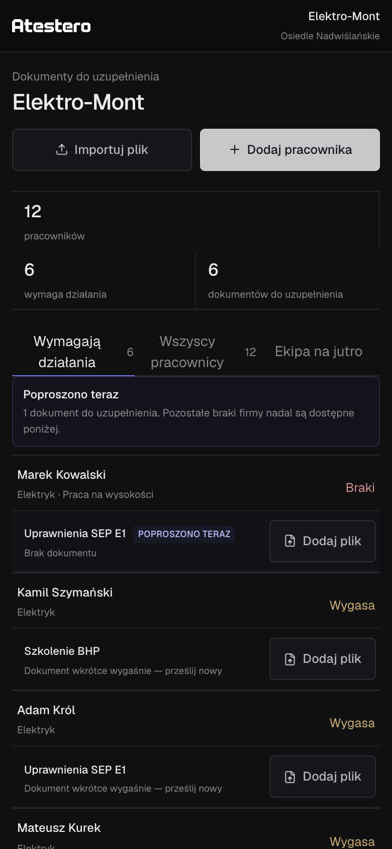 Demonstracyjny mobilny portal podwykonawcy Atestero