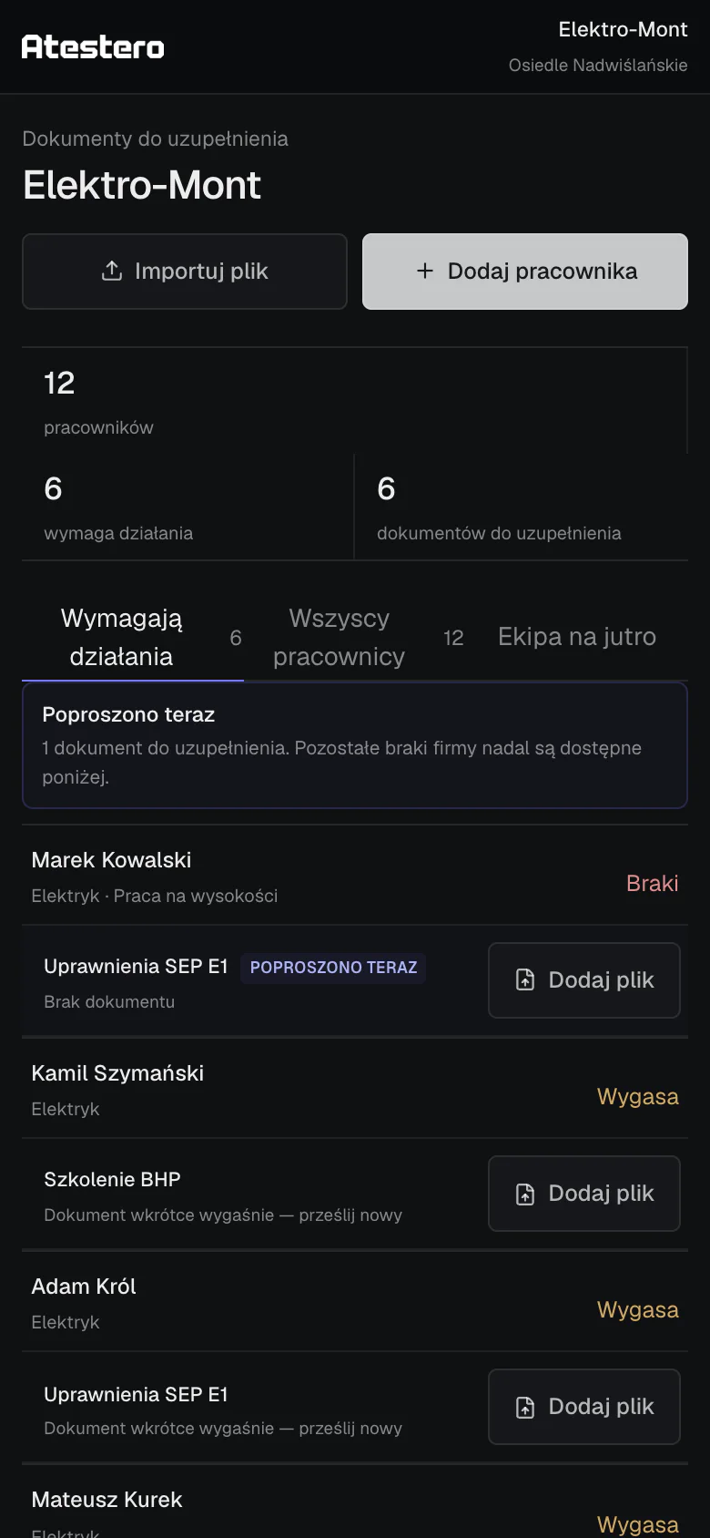 Demonstracyjny mobilny portal podwykonawcy z brakującym dokumentem pracownika